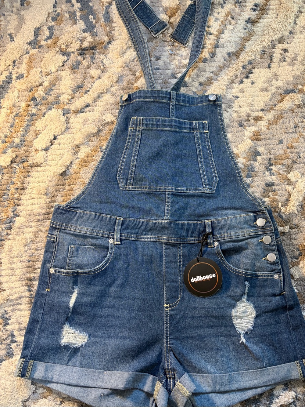 Dollhouse Indigo Denim Short Overalls with Distressed Detail